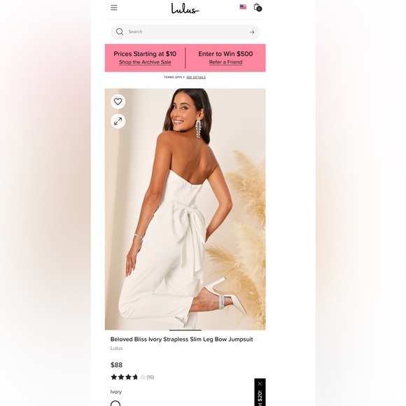 🆕#9 NWOT LULUS Beloved Bliss Ivory Strapless Slim jumpsuit, back Removable Bow. - Picture 6 of 15